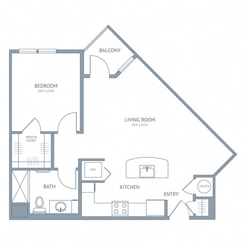 Floor plan for 1 bed, 1 bath, 727 sqft